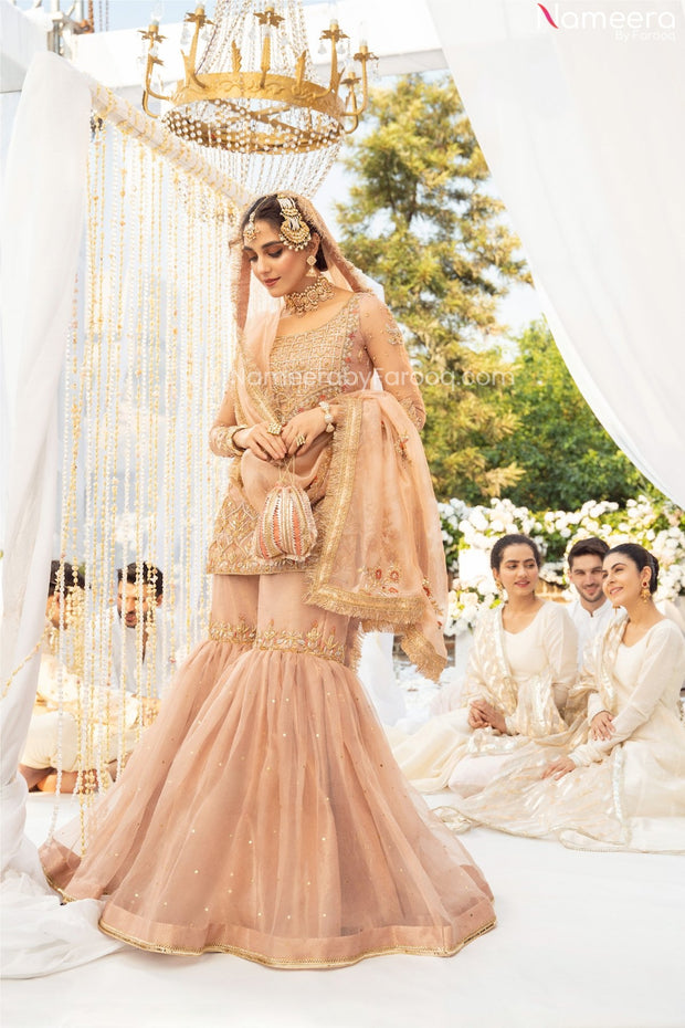 Designer Peach Sharara Kameez for Bridal Wear for Nikkah Nameera
