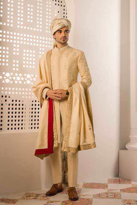 Embellished Designer Sherwani and Turban for Grooms Wedding