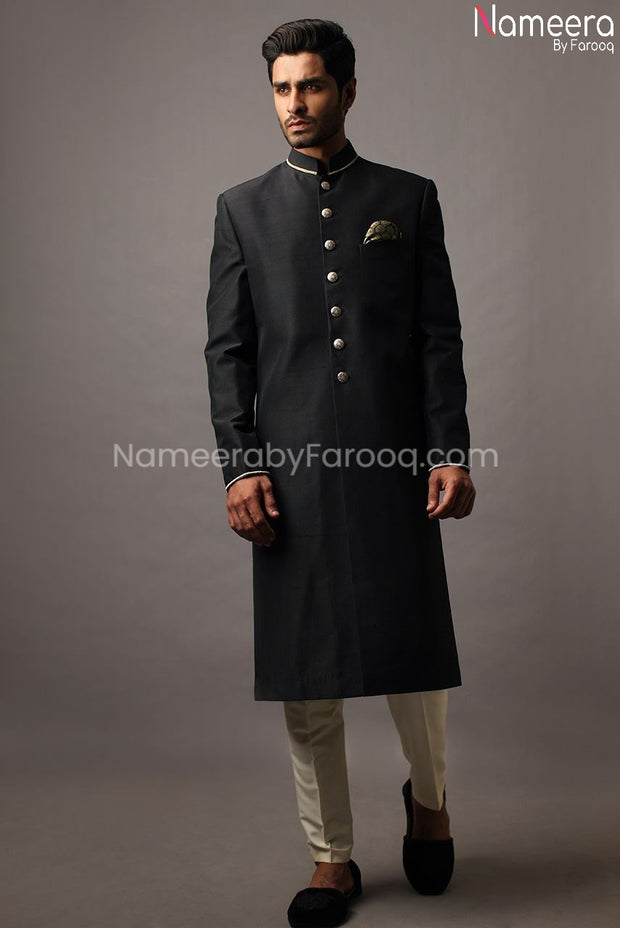 Designer Sherwani plain in Elegant Black color Overall Look