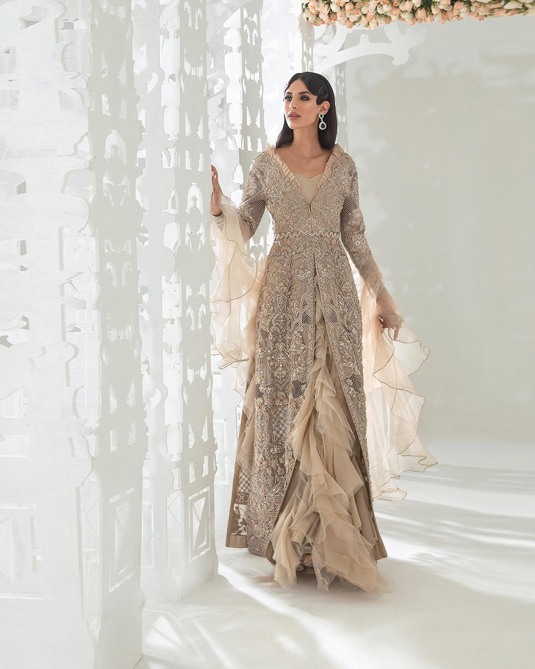 Heavy Designer Silver Front Open Gown for Indian Wedding Wear  Nameera by  Farooq