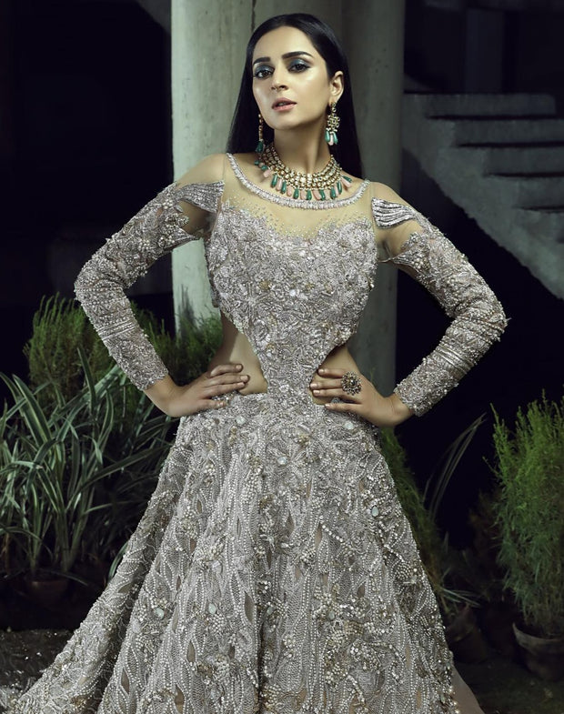 Designer Silver Grey Lehenga with Heavy Gown 2022