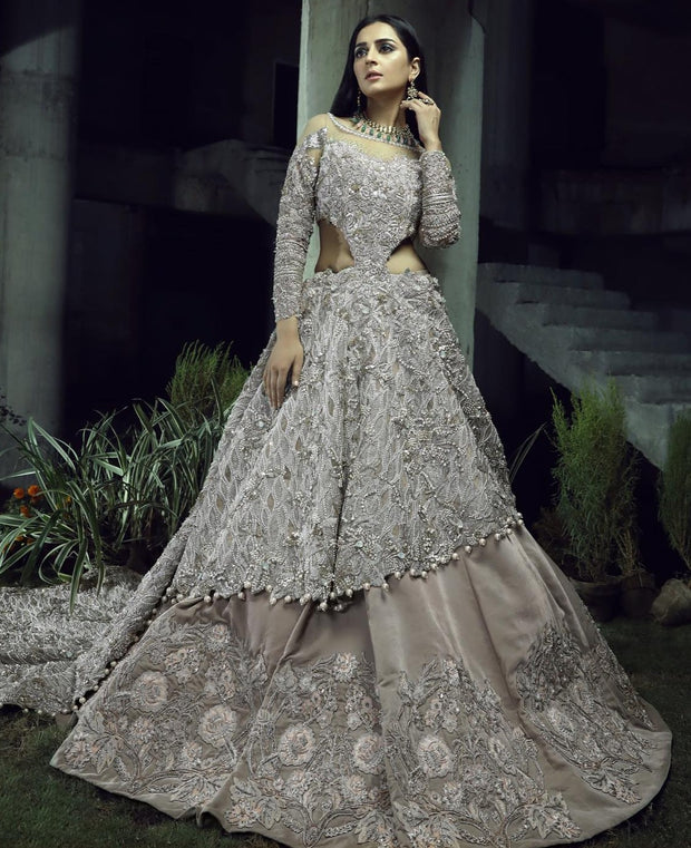 Designer Silver Grey Lehenga with Heavy Gown for Wedding Nameera by Farooq