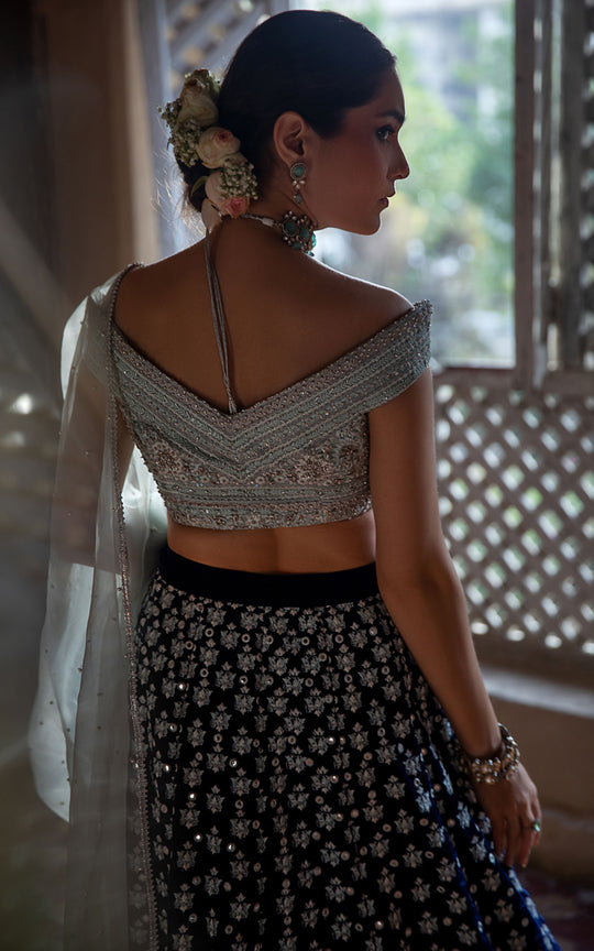 Designer Velvet Blue Lehenga Choli