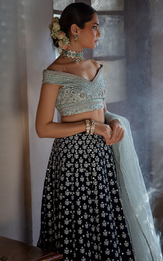 Designer Velvet Blue Lehenga Choli 2022