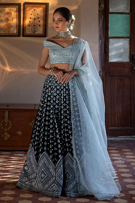 Designer Velvet Blue Lehenga