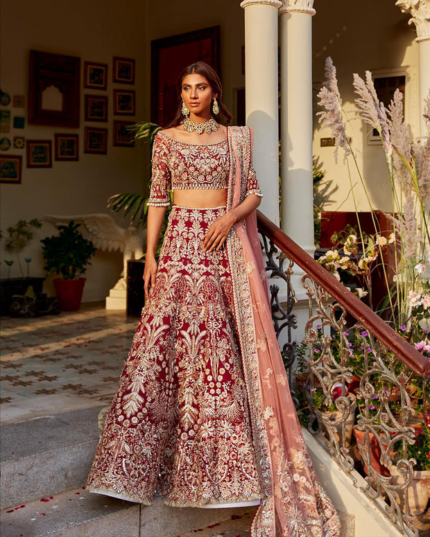 Designer Wedding Dark Red Indian Bridal Dress Nameera by Farooq