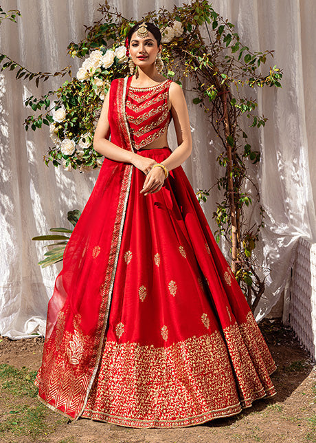 Heavy Designer Jari Embroidery Work Georgette Red Wedding Lehenga Choli  Soft Net Dupatta - LC4424