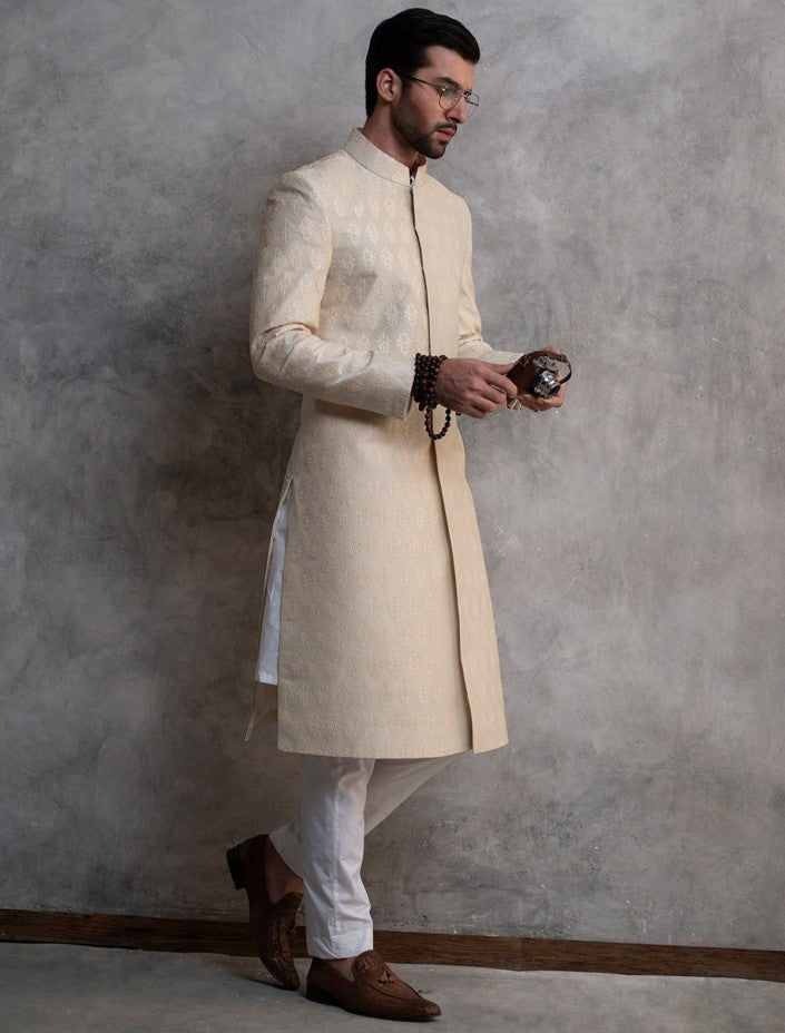 Designer White Plain Sherwani for Wedding