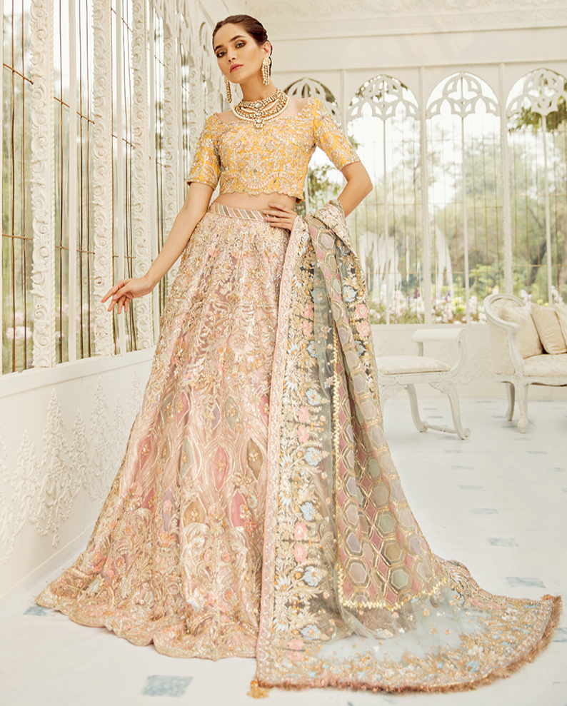 Designer Yellow Peach Lehenga Choli Indian Bridal Wear