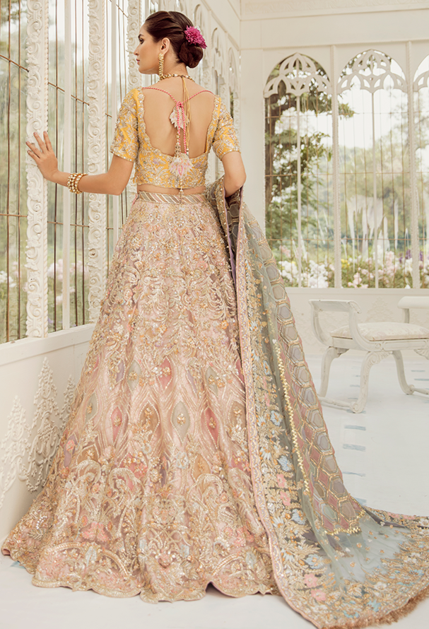 peach and gold indian dress Coral, Peach and Gold Bridal Peshwas and Lehnga Set (BR-08) Ammara Khan