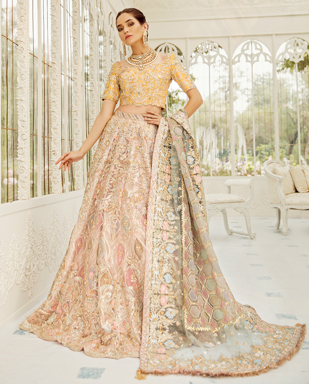 Designer Yellow Peach Lehenga Choli Indian Bridal Wear