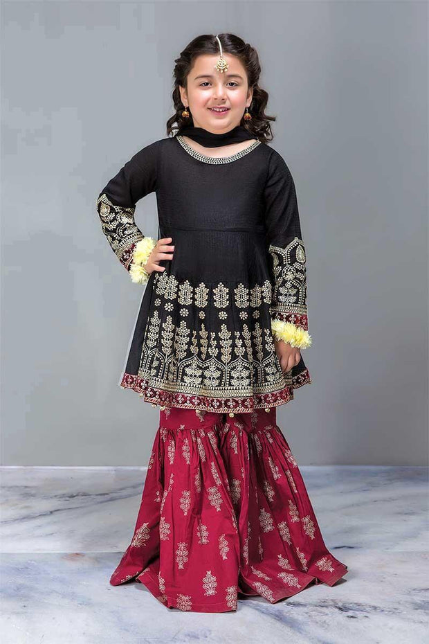 Designer Baby Girl Embroidered Black Frock with Gharara Dress