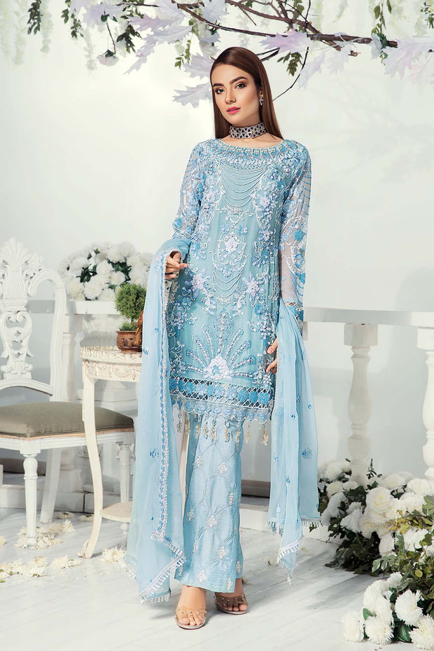 Designer Chiffon Suit in Light Blue Color