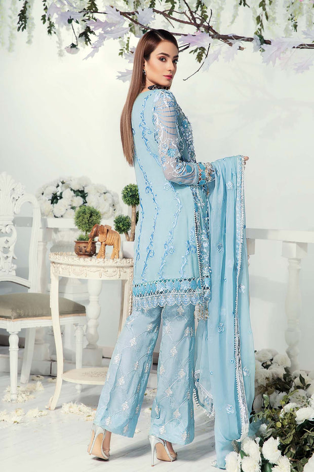 Designer Chiffon Suit in Light Blue Color Backside View