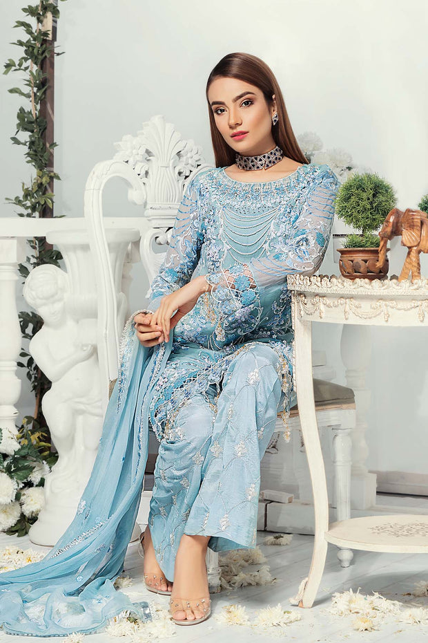 Designer Chiffon Suit in Light Blue Color Close Up