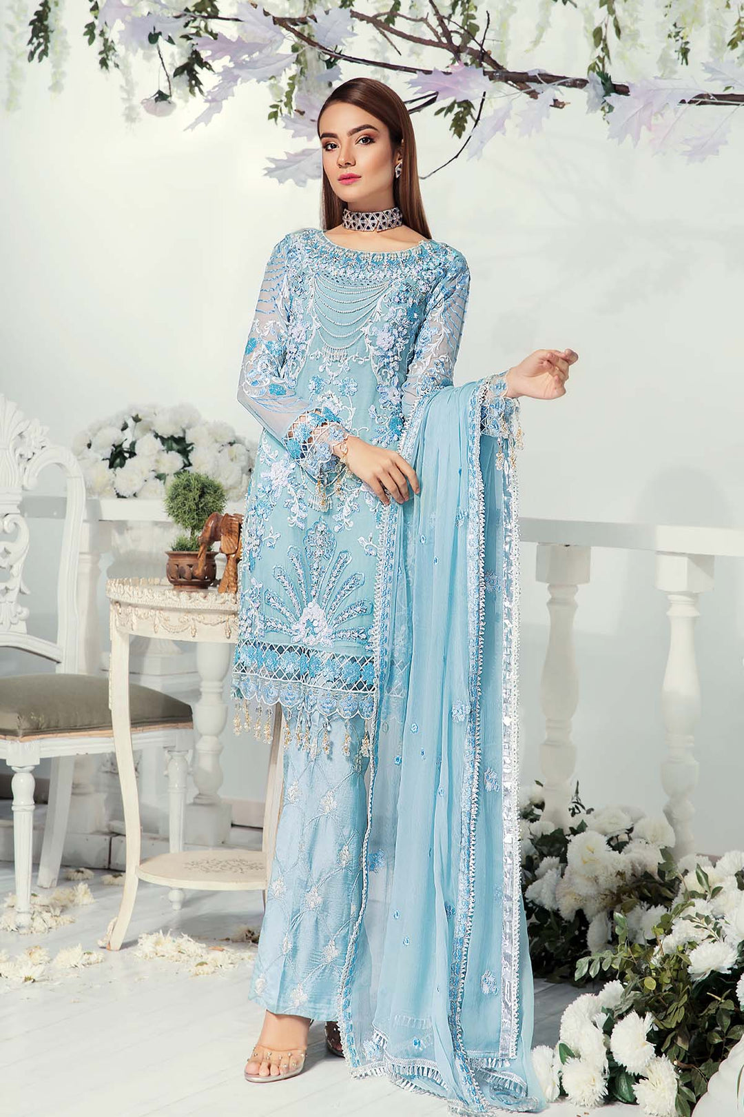 Designer Chiffon Suit in Light Blue Color Overall Look