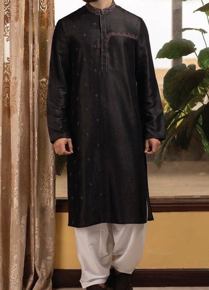 Designer Embroidered Black Kurta for Men with White Shalwar Nameera by Farooq