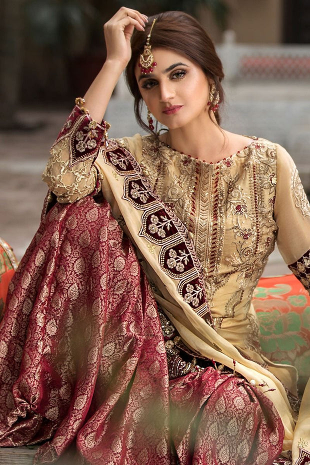 Designer Gharara Shirt for Party in Skin and Maroon Color Gharara Look