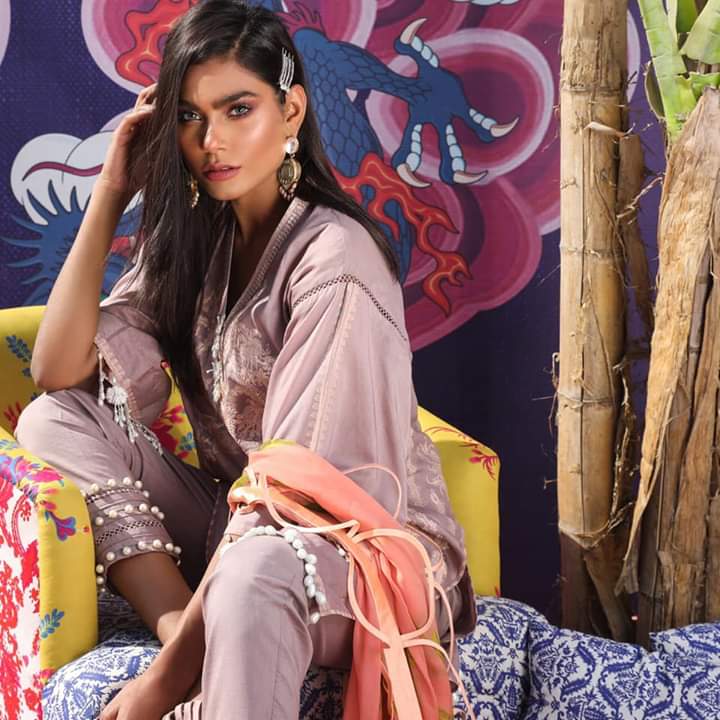 Designer Lawn Outfit in Cement Pink Color