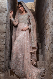 Pakistani designer bridal gown embroidered in Peach color