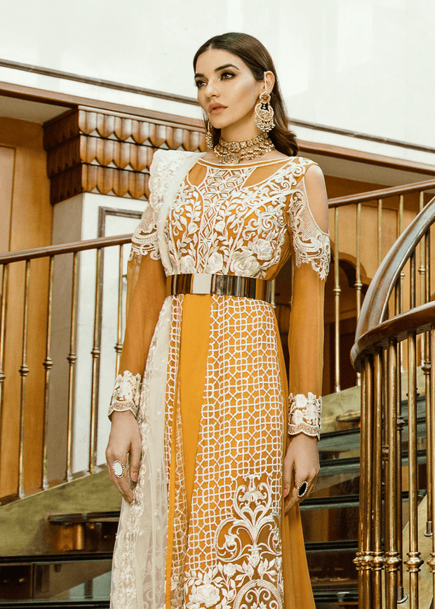 Pakistani designer chiffon dress in mustard and white color # P2305