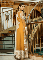 Pakistani designer chiffon dress in mustard and white color # P2305