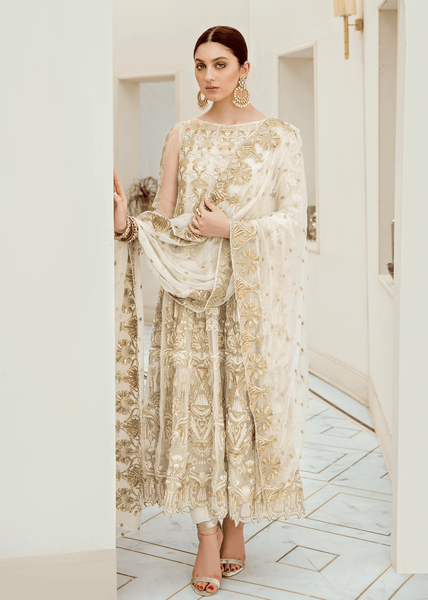 Pakistani designer chiffon outfit in white color # P2287