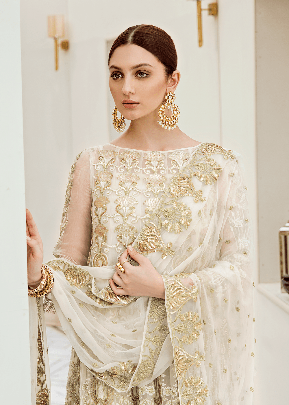 Pakistani designer chiffon outfit in white color # P2287