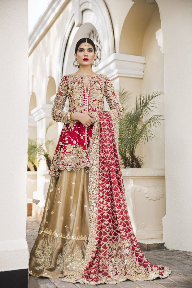 Latest designer embroidered bridal outfit in lavish red and gold color