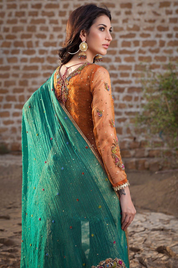 Pakistani designer gharara dress in copper and orange color #B3324