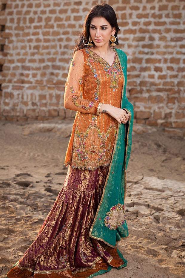 Pakistani designer gharara dress in copper and orange color B3324