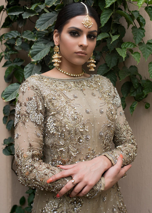 Designer gown dress embroidered in dust gold color Nameera by Farooq Designer gown dress embroidered in dust gold color Nameera by Farooq