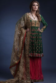 Designer peplum sharara dress in green and pink color