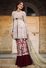Designer plazoo dress with open shirt in maroon color 