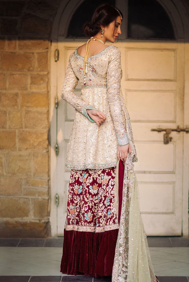 Designer plazoo dress with open shirt in maroon color # B3328