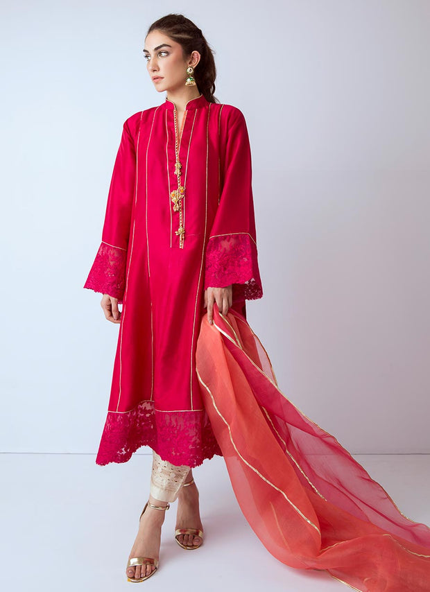 Pakistani designer silk dress in fresh red color