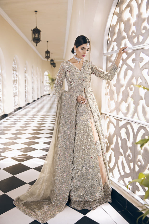 Latest bridal Pakistani designer waleema outfit in lavish peach color