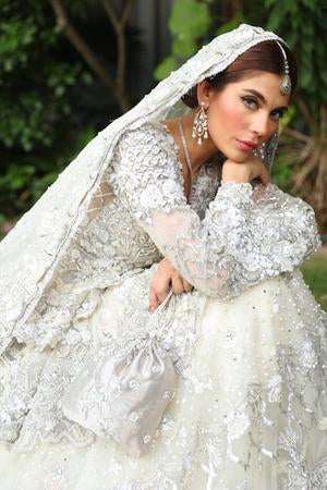 Latest bridal designer walima dress in lavish silver and ivory color # B3438