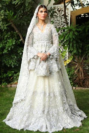 Latest bridal designer walima dress in lavish silver and ivory color