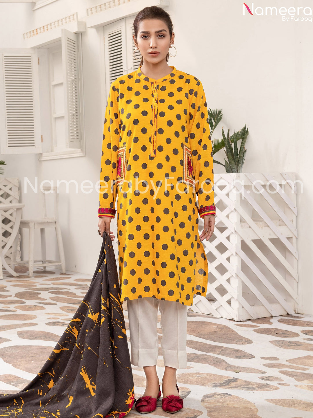 Designer  polka dot yellow printed suit