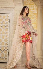 Digital Floral Print Dress with Cap Net Dupatta