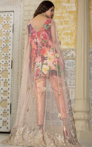 Digital Floral Print Dress with Cap Net Dupatta