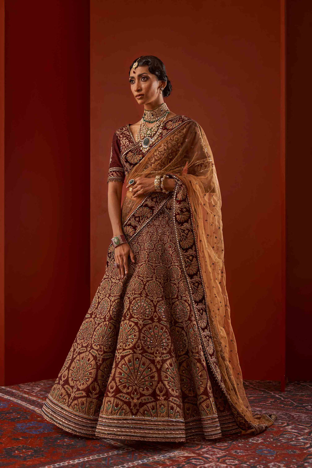 Digital Printed Wine Red Lehenga Bridal Dress 