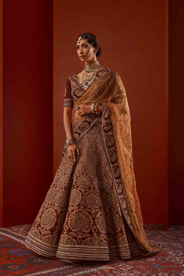 Digital Printed Wine Red Lehenga Bridal Dress 