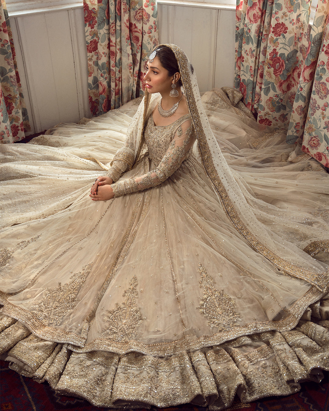 Double Layered Traditional Pishwas Frock and Dupatta in Ivory Color