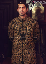 Dulha Sherwani 2021 for Wedding in Black Color Close Up