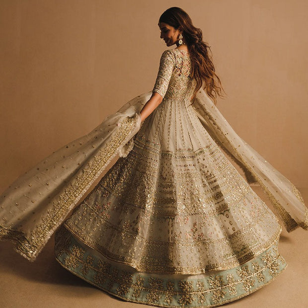 Dusty White Traditional Pishwas for Indian Bridal Wear