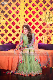 Pakistani Mehndi Gharara In Perot Green Color.Work Embalmed With Dabka Sitara,Gota And Thredads.