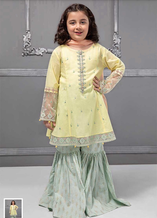 Kids Gharara Kameez in lemon And Green Color.Stylish Gharara Kameez Work Embalished With Tilla,And Threads Embroidery On Neck Line,Sleeves And Daman.