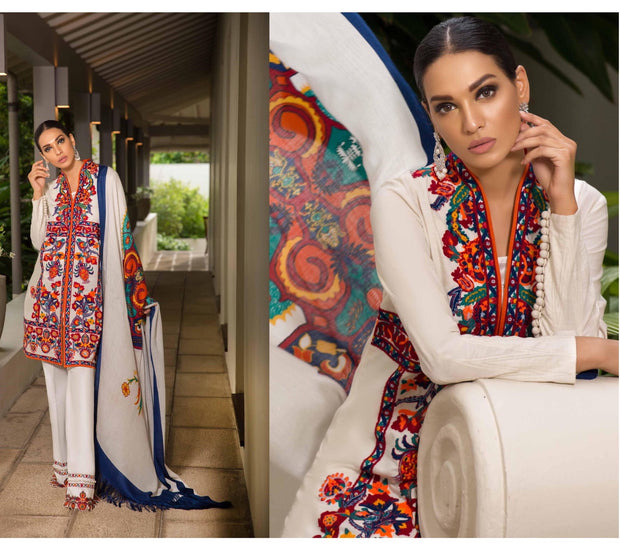 Palistani Latest Fashion by Sana Safinaz in Off White Color.Work Embellished With Multi Threads Embroidery And Woolen Shawl . 